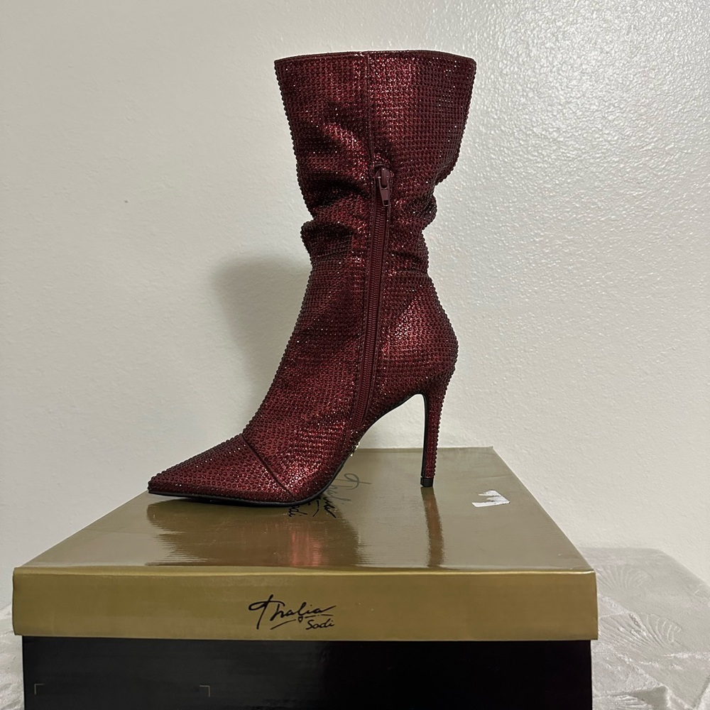 Thalia Sodi Wine Raquel Red Rhinestone Boots
